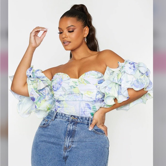 PrettyLittleThing Tops - Plus white floral ruffle puff sleeve Bardot crop top